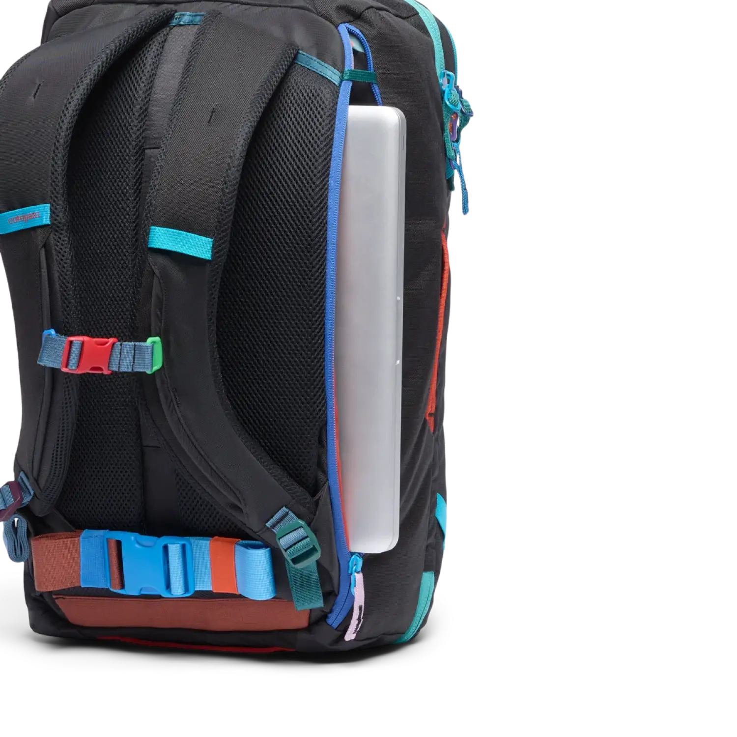 Cotopaxi Allpa 28L Travel Pack in del dia dark, laptop sleeve view