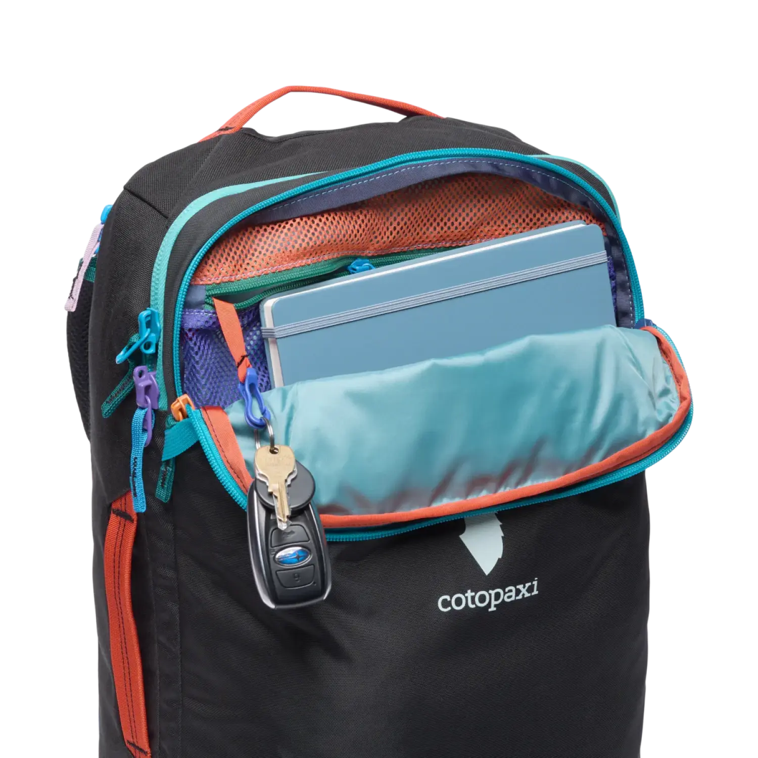 Cotopaxi Allpa 28L Travel Pack in del dia dark, top pocket view