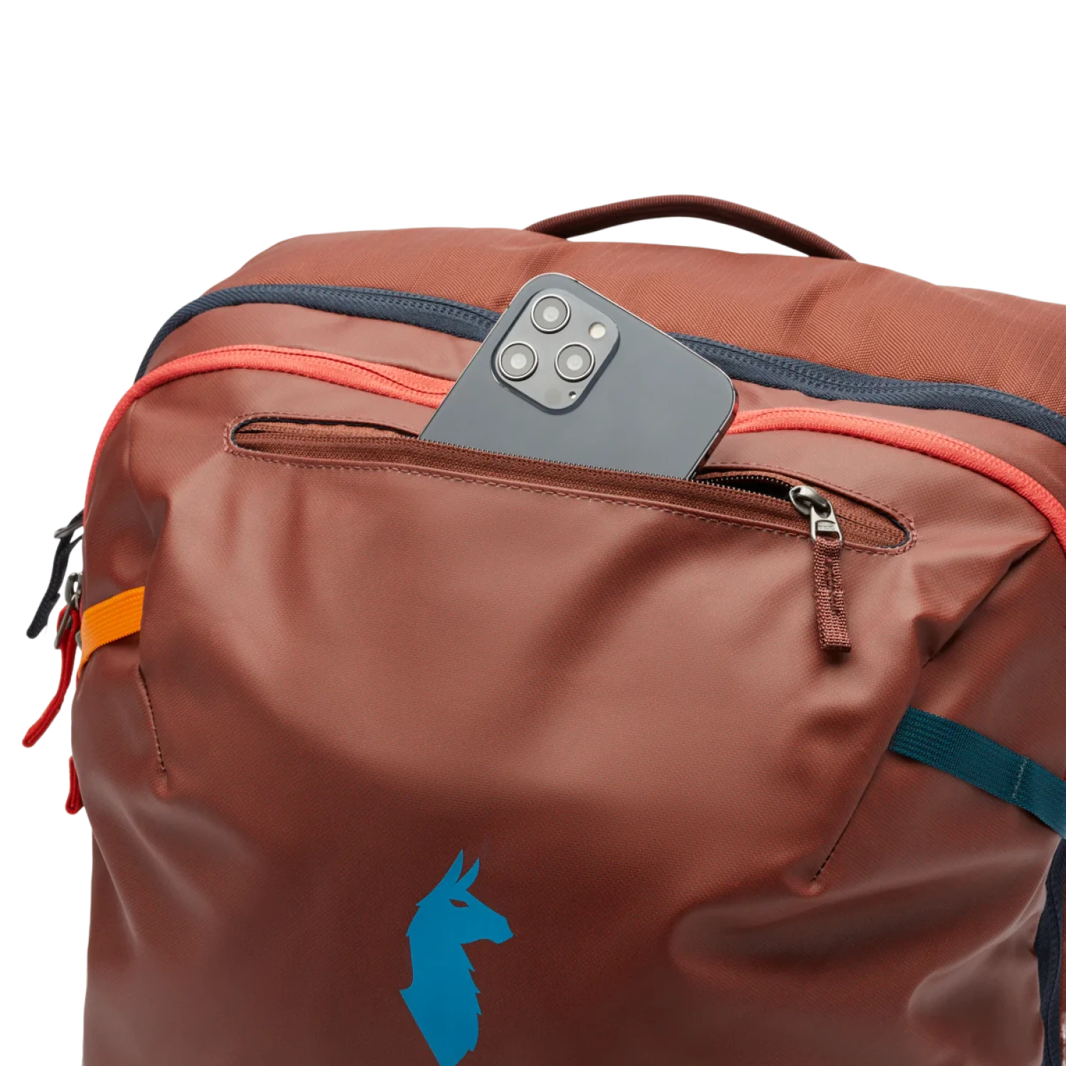 Cotopaxi Allpa 35L Travel Pack in rusty, front pocket detail