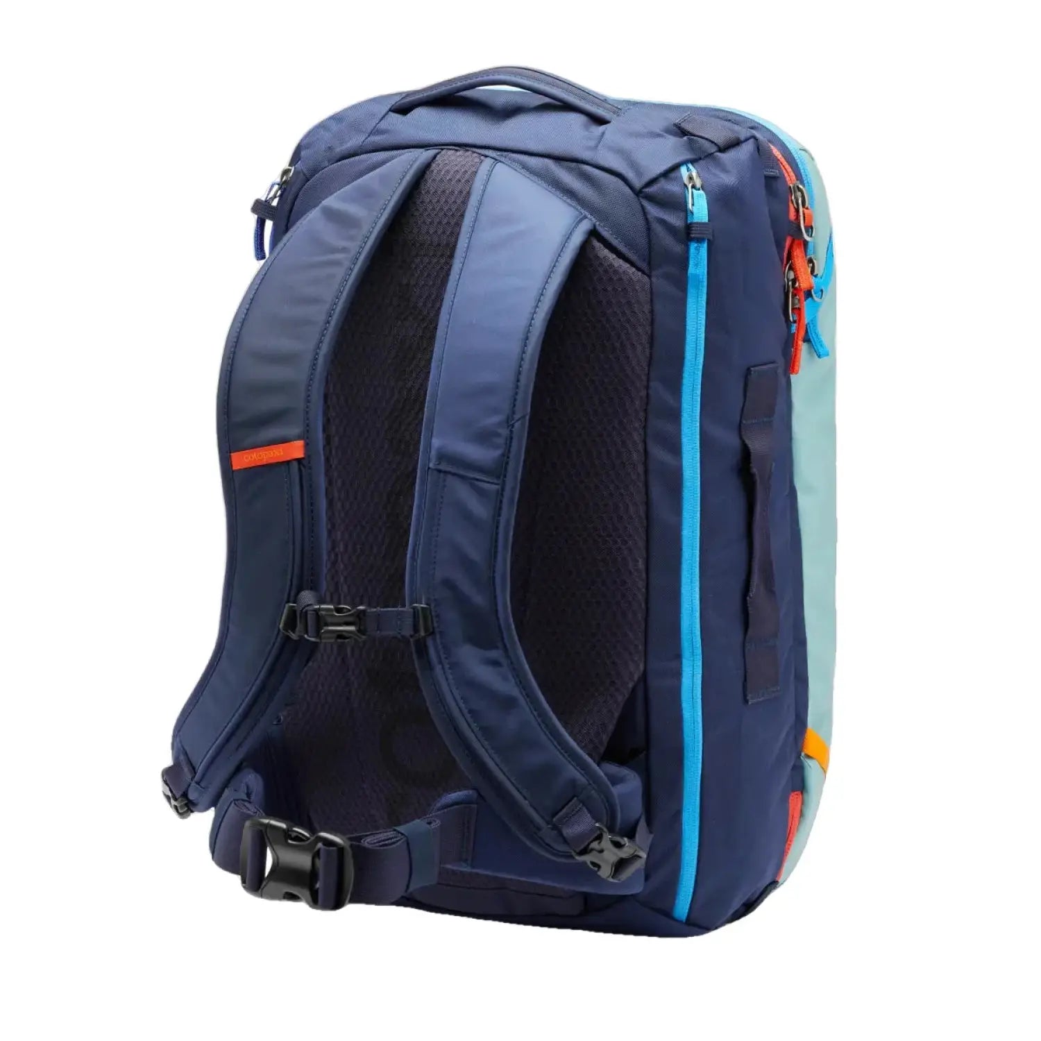 Cotopaxi Allpa 35L Travel Pack shown in Bluegrass.  Back view. 