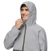 Cotopaxi M's Cielo Rain Jacket, Smoke Cinder, front view of hood on model 