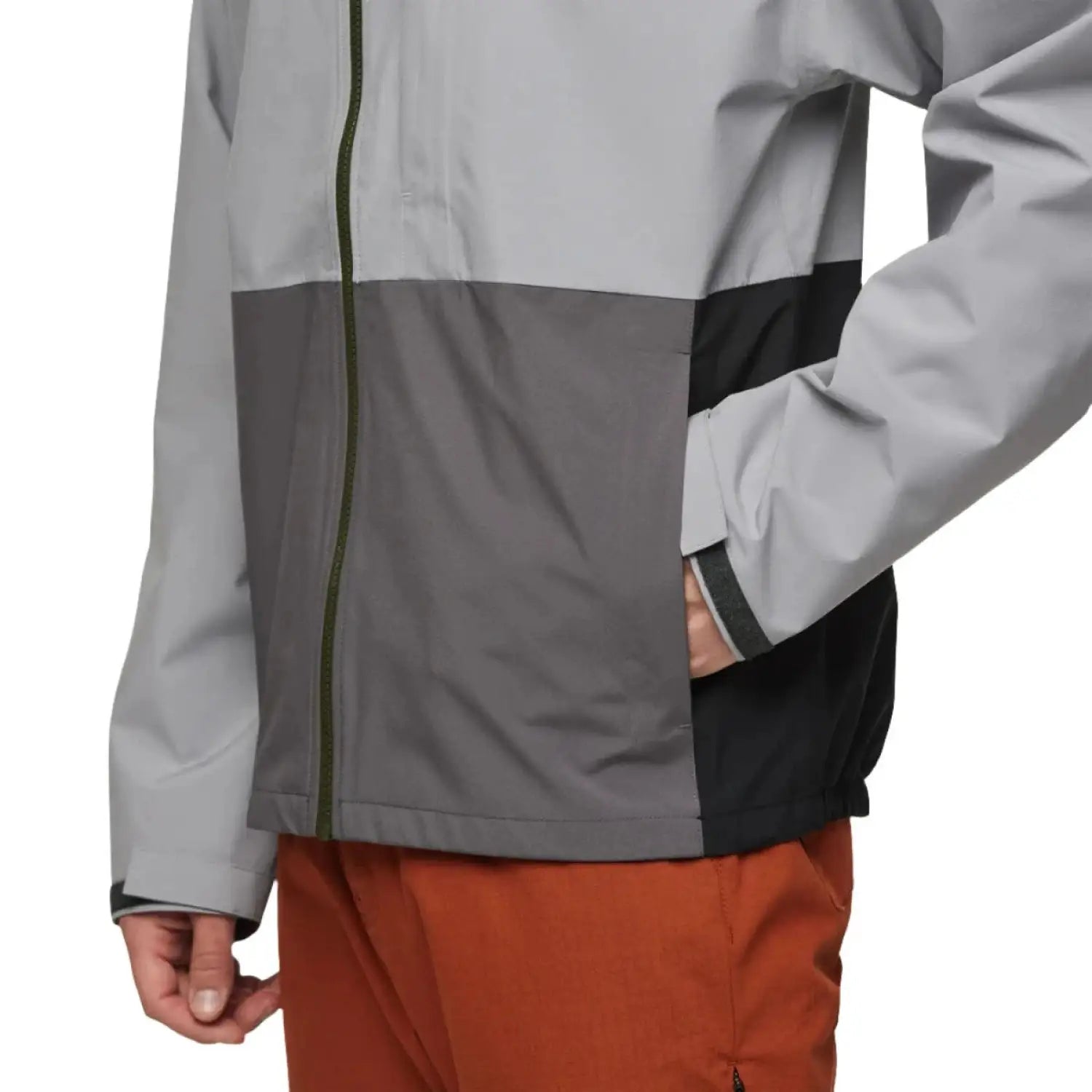 Cotopaxi M's Cielo Rain Jacket, Smoke Cinder, front view of pocket on model