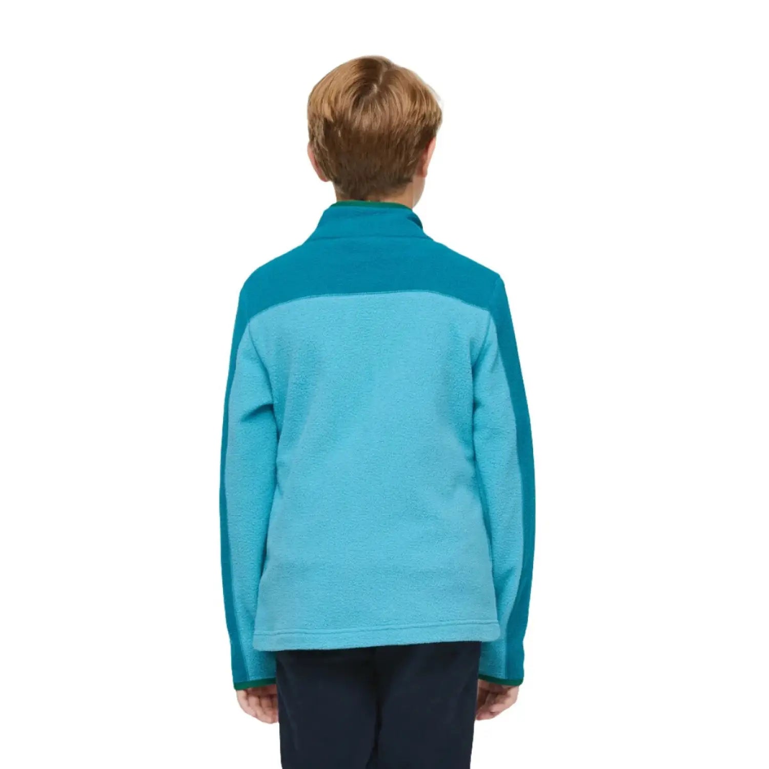 Cotopaxi K's Abrazo Half-Zip Fleece Jacket, Gulf Poolside, back view on model 