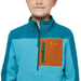 Cotopaxi K's Abrazo Half-Zip Fleece Jacket, Gulf Poolside, front view of zipper on model 
