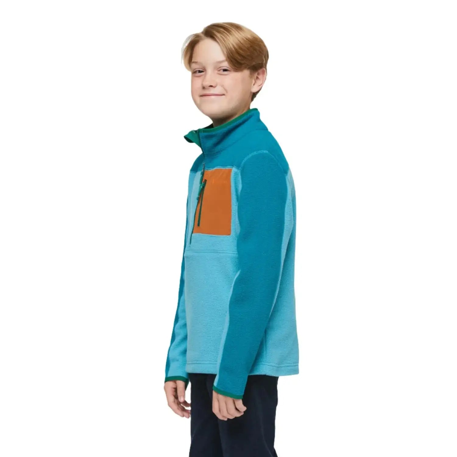 Cotopaxi K's Abrazo Half-Zip Fleece Jacket, Gulf Poolside, side view on model 