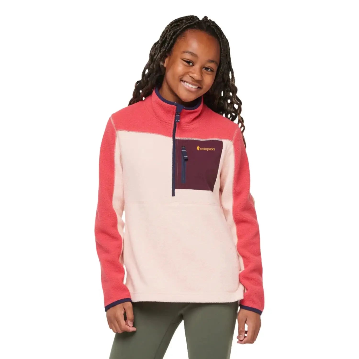 Cotopaxi K's Abrazo Half-Zip Fleece Jacket, Strawberry Rosewood, front view on model 