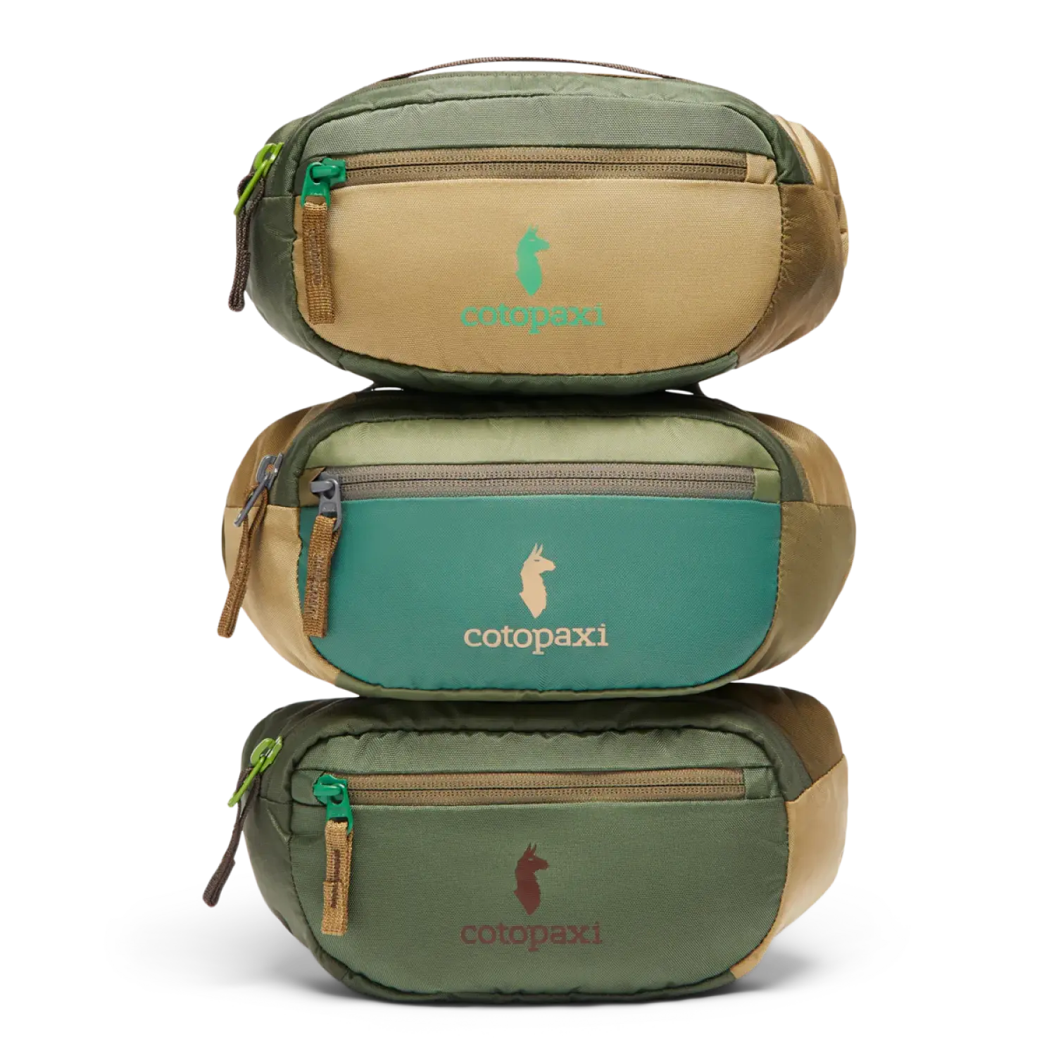 Cotopaxi Kapai 1.5L Hip Pack Del Dia in del dia earth, 3 stacked front view