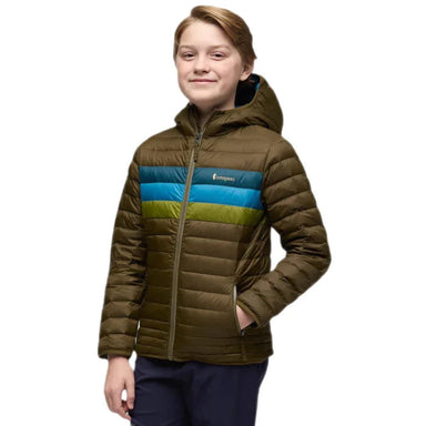 Cotopaxi Kid's Fuego Down Hooded Jacket Life Oak Stripe Model Front