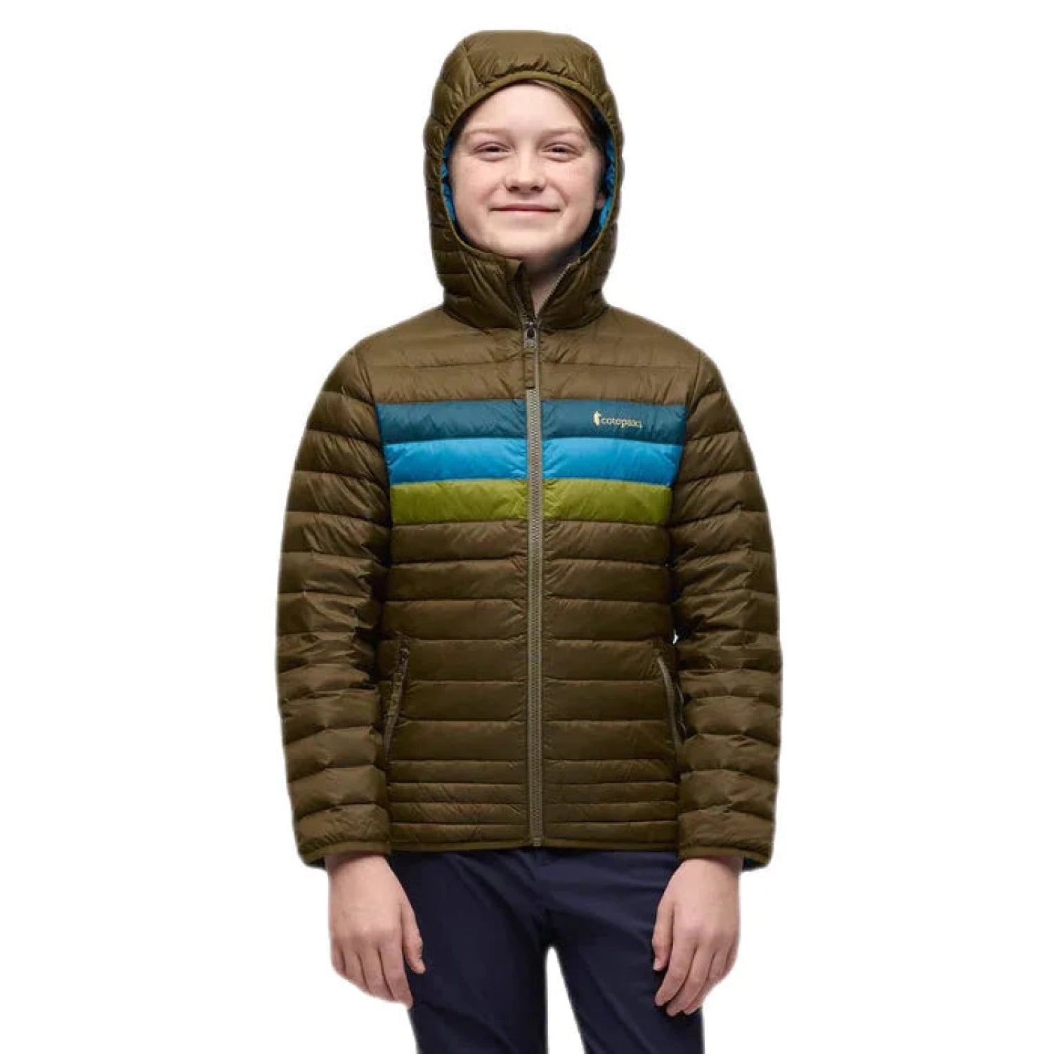 Cotopaxi Kid's Fuego Down Hooded Jacket Life Oak Stripe Model Hood