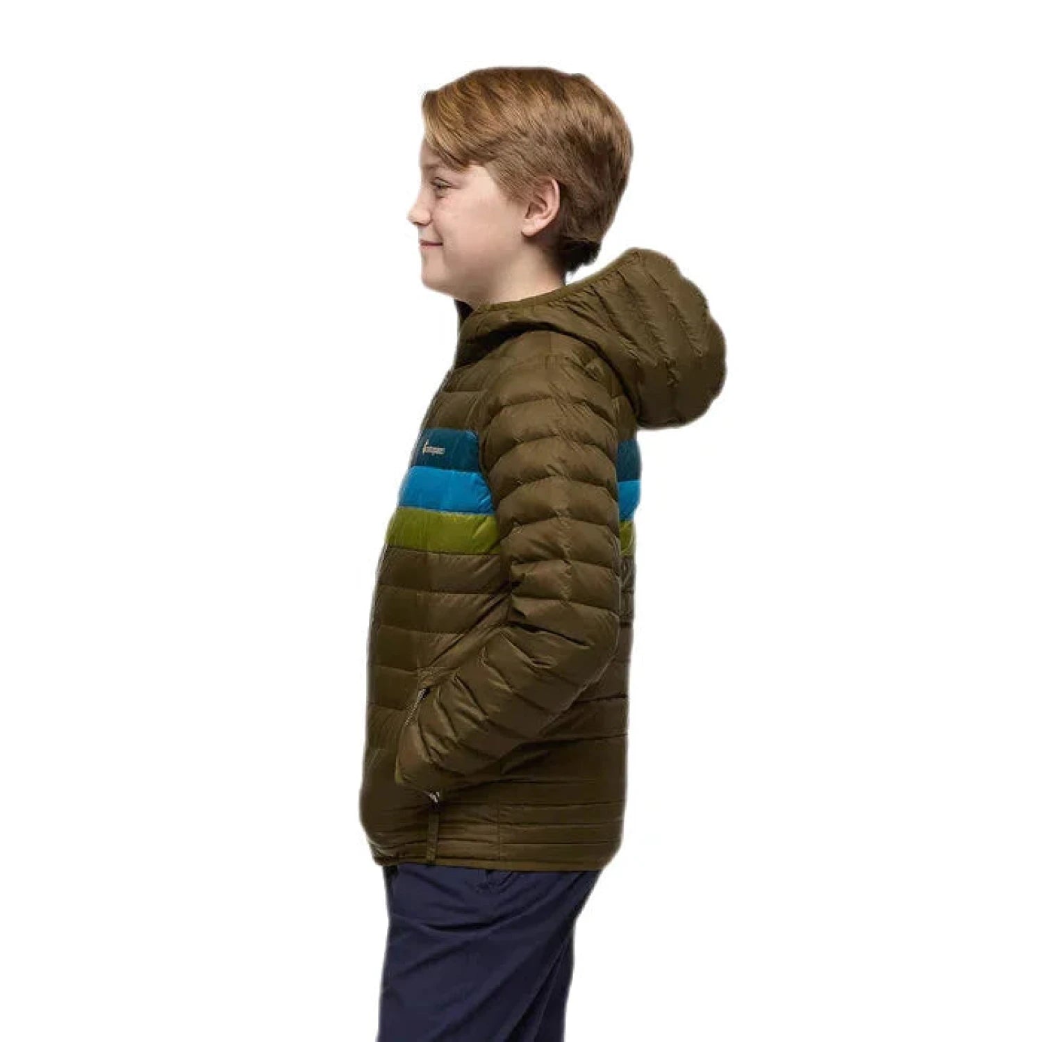 Cotopaxi Kid's Fuego Down Hooded Jacket Life Oak Stripe Model Side