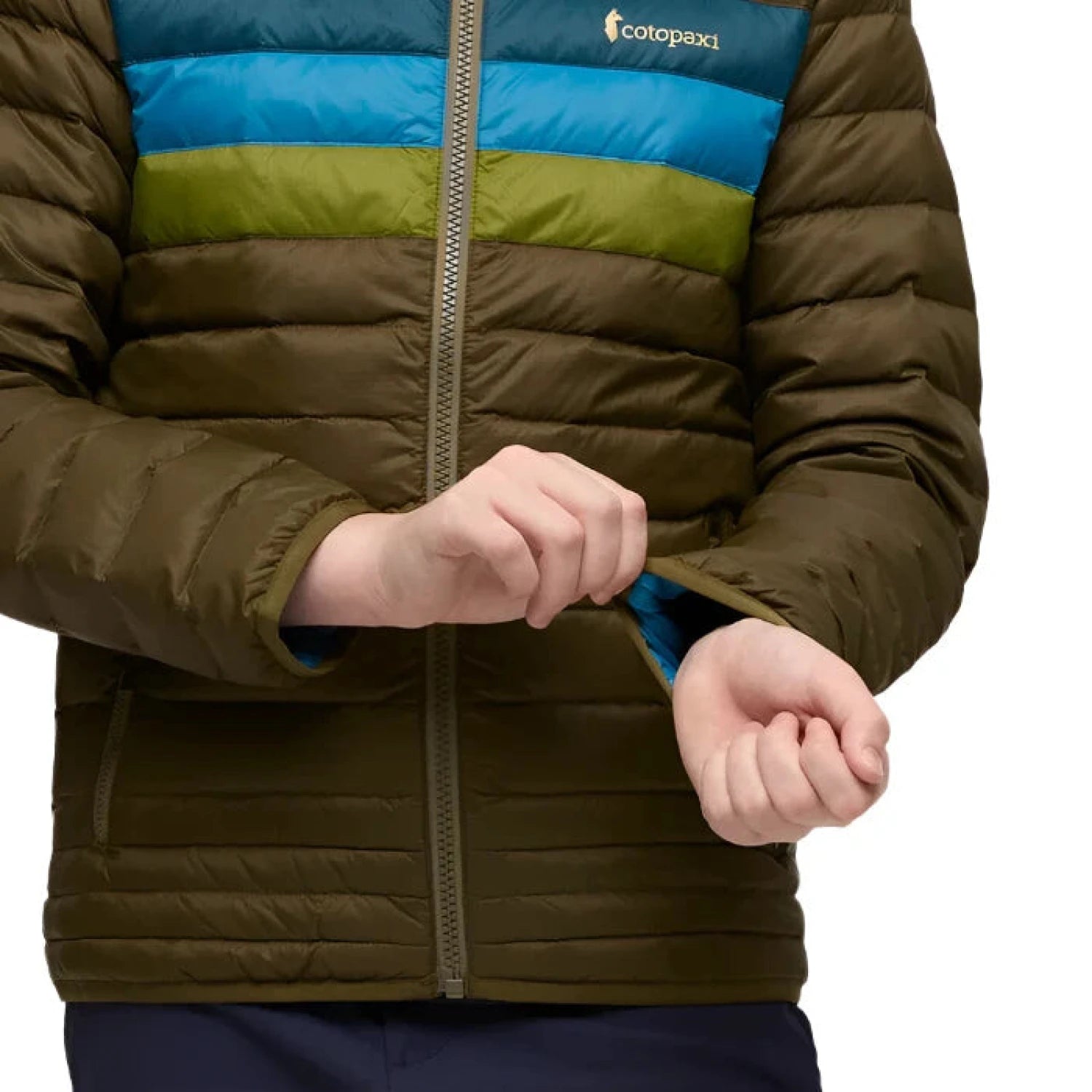 Cotopaxi Kid's Fuego Down Hooded Jacket Life Oak Stripe Model Sleeve Detail