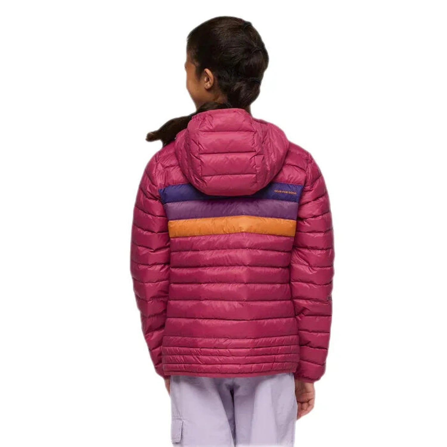 Cotopaxi Kid's Fuego Down Hooded Jacket Sangria Stripe Model Back