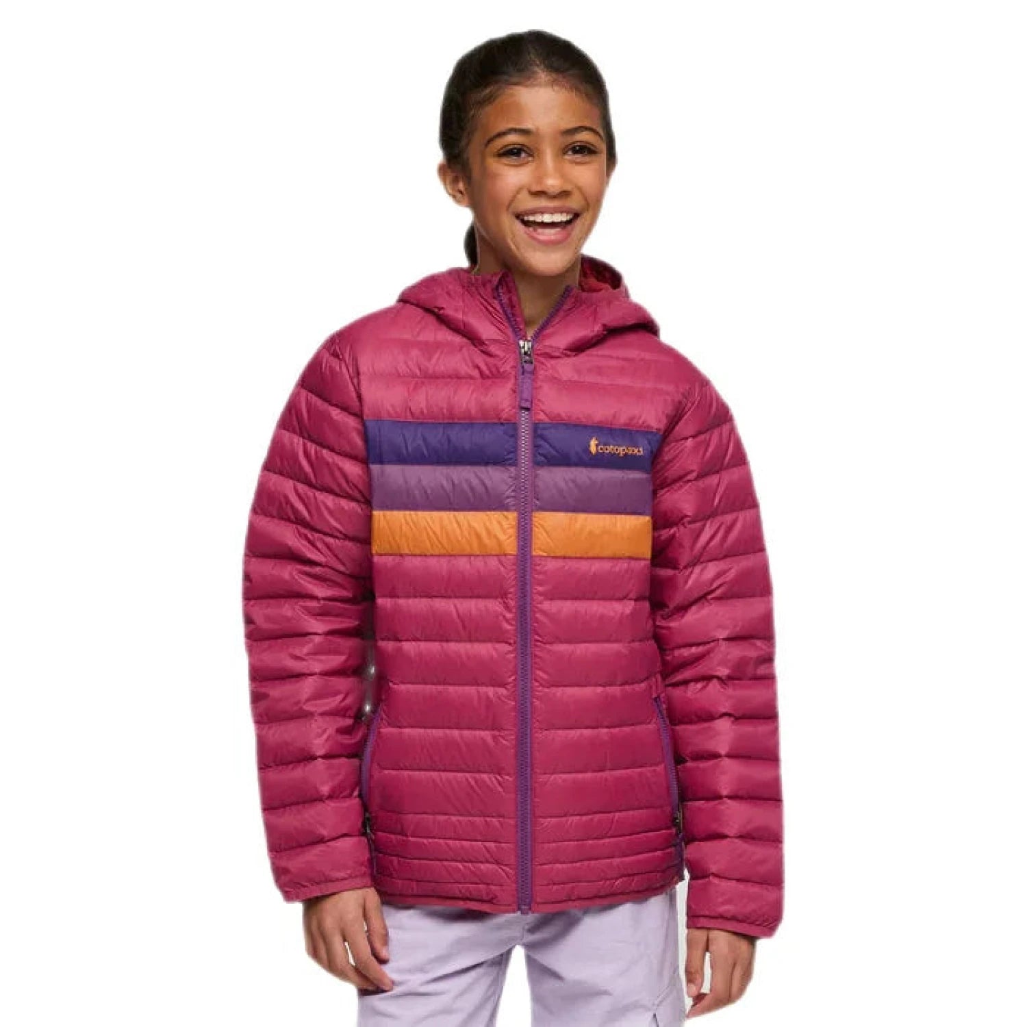 Cotopaxi Kid's Fuego Down Hooded Jacket Sangria Stripe Model Front