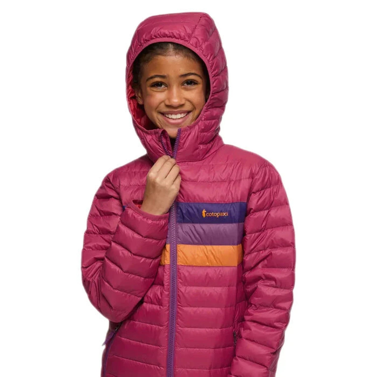 Cotopaxi Kid's Fuego Down Hooded Jacket Sangria Stripe Model Hood