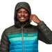 Cotopaxi M's Fuego Hooded Down Jacket, Woods Gulf, front view of hood on model