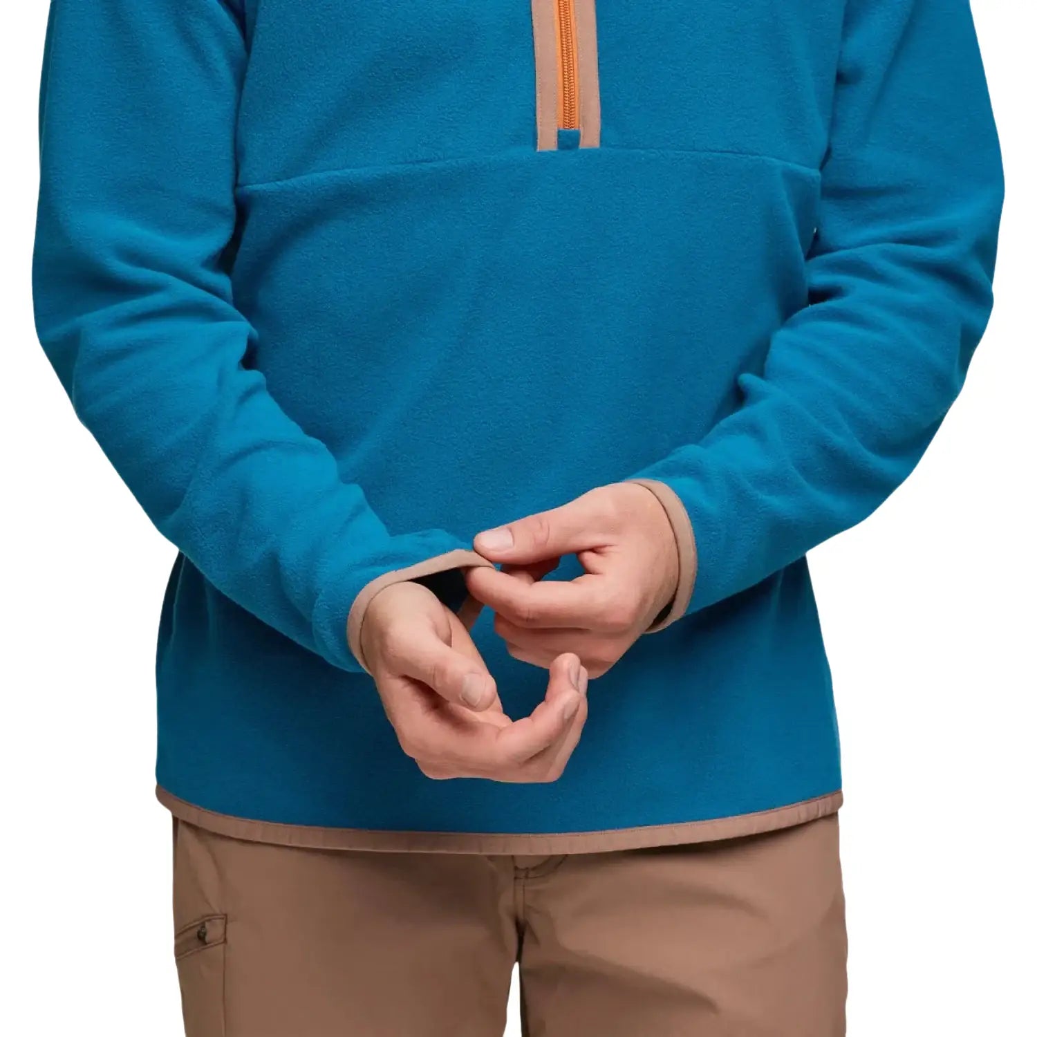 Cotopaxi Men's Amado Fleece Pullover in lake, on model sleeve detail