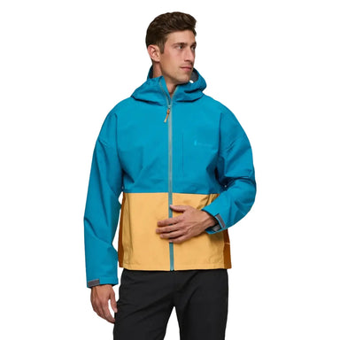 Cotopaxi Men's Cielo Rain Jacket in lake & curry, on model front view