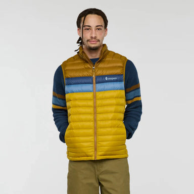 Man wearing a yellow and blue puffer jacket with a visible brand logo on a white background