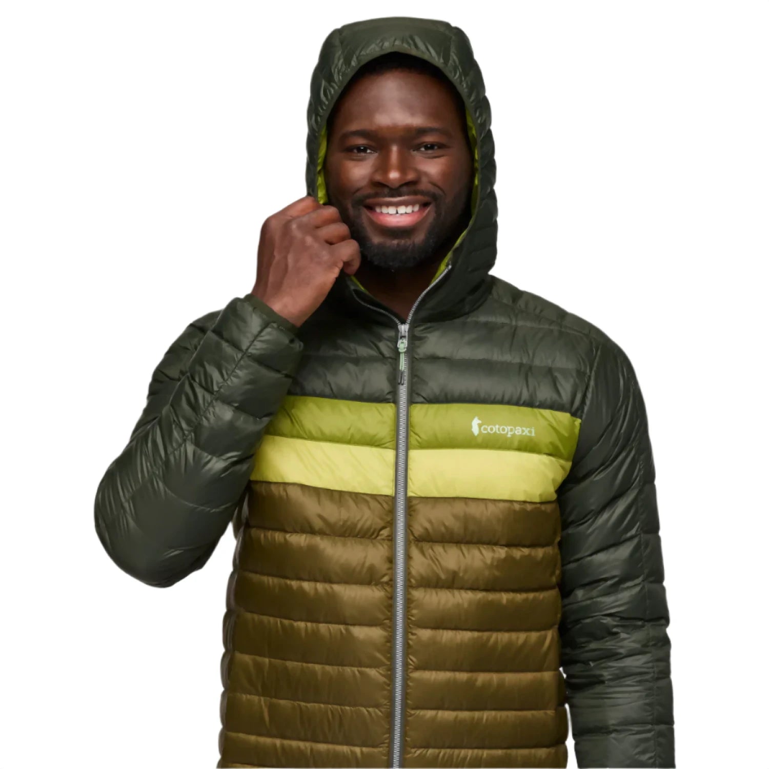 cotopaxi mens fuego hooded down jacket in woods/live oak front hood model view