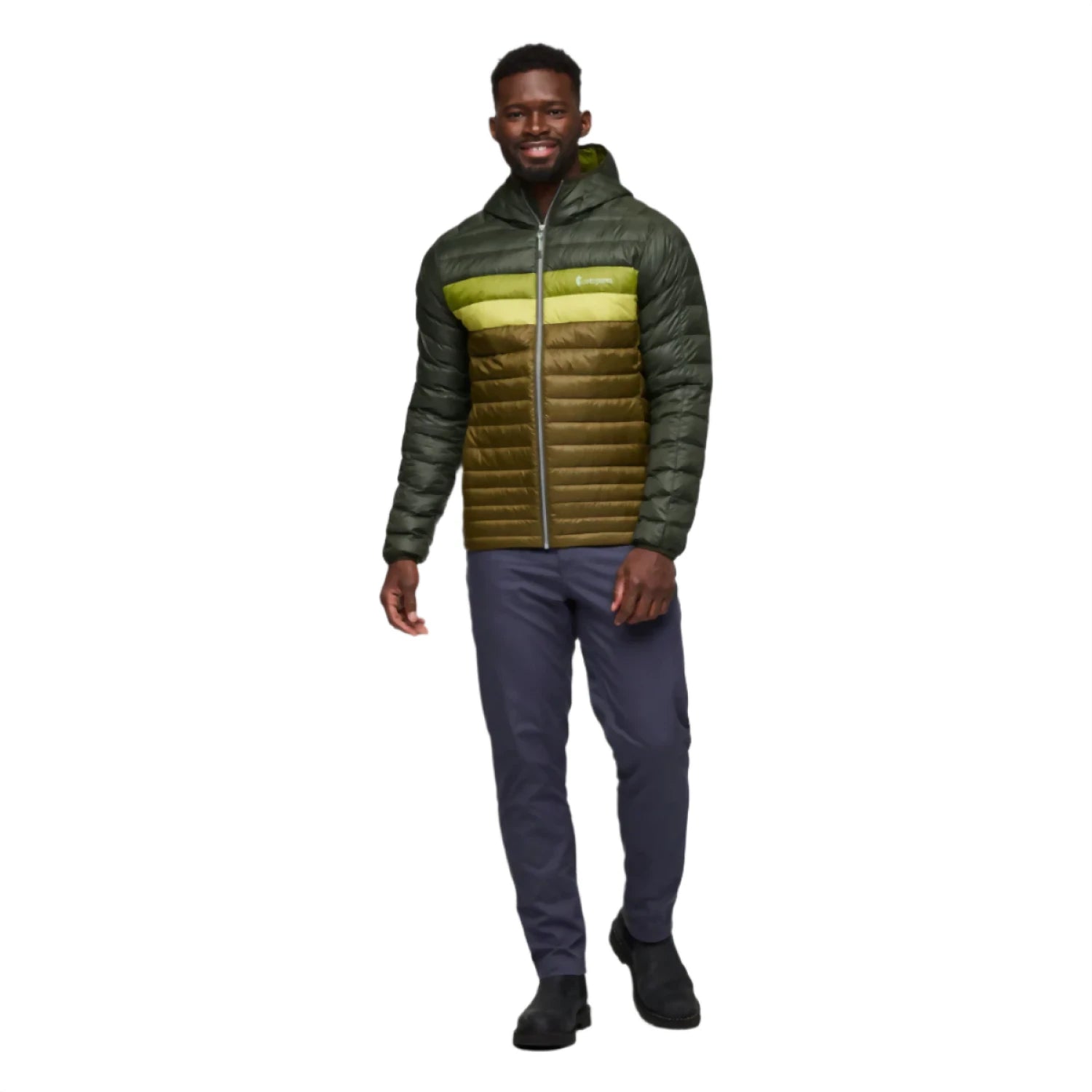 cotopaxi mens fuego hooded down jacket in woods/live oak front full model view