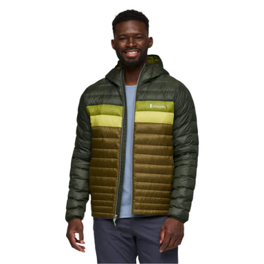 cotopaxi mens fuego hooded down jacket in woods/live oak front model view