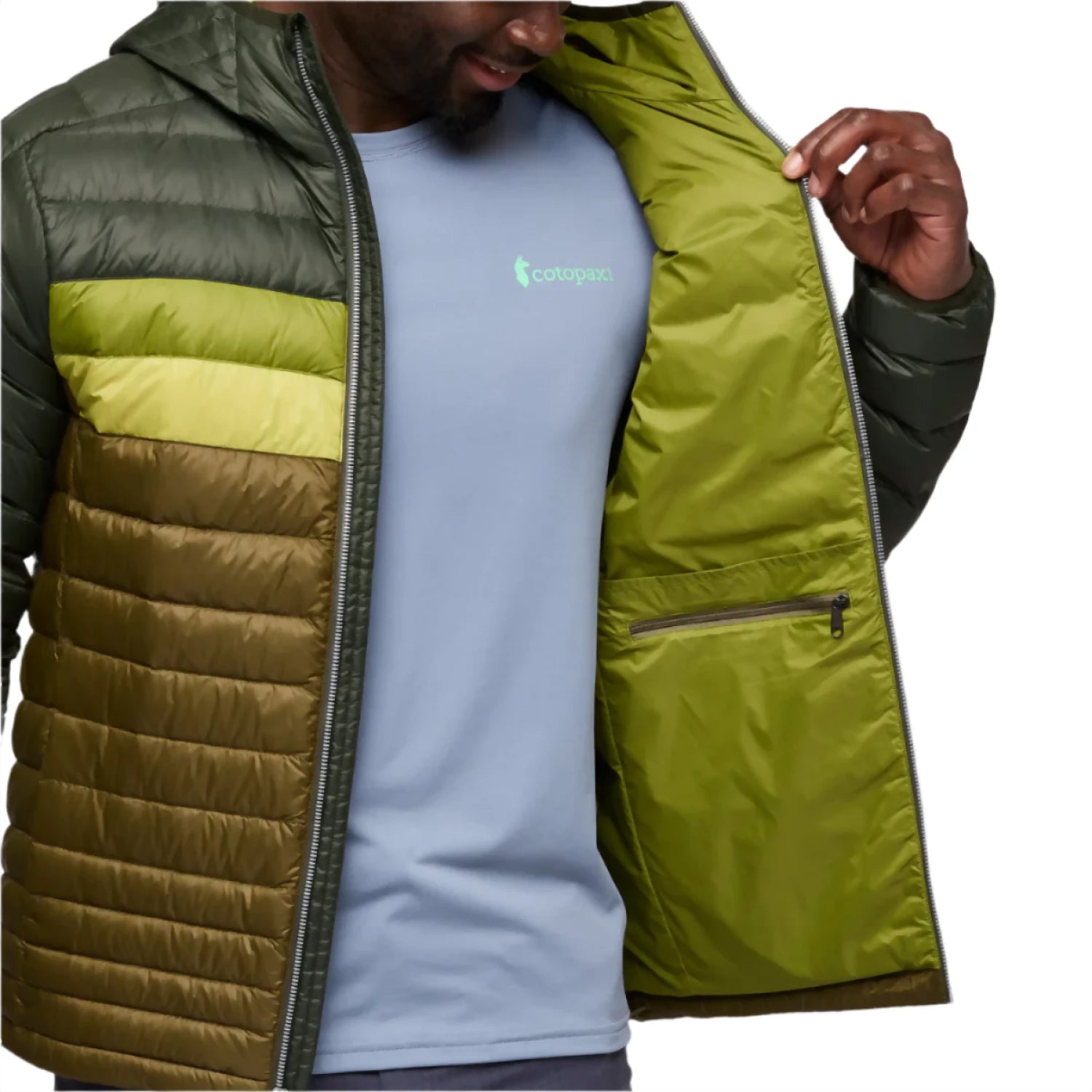 cotopaxi mens fuego hooded down jacket in woods/live oak front inside model view