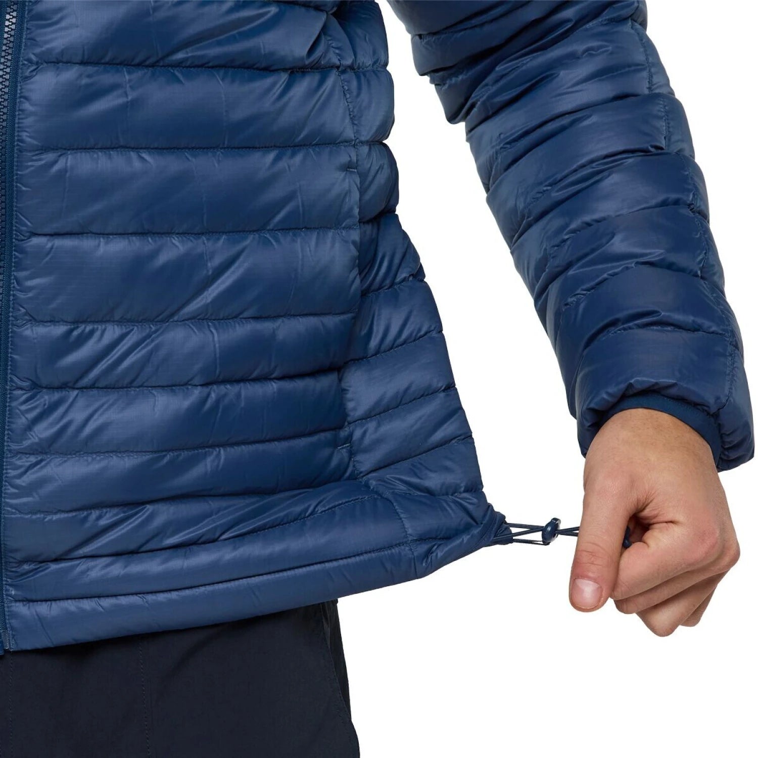 Cotopaxi Men's Fuego Hooded Down Jacket in deep sea stripes, on model adjustment detail