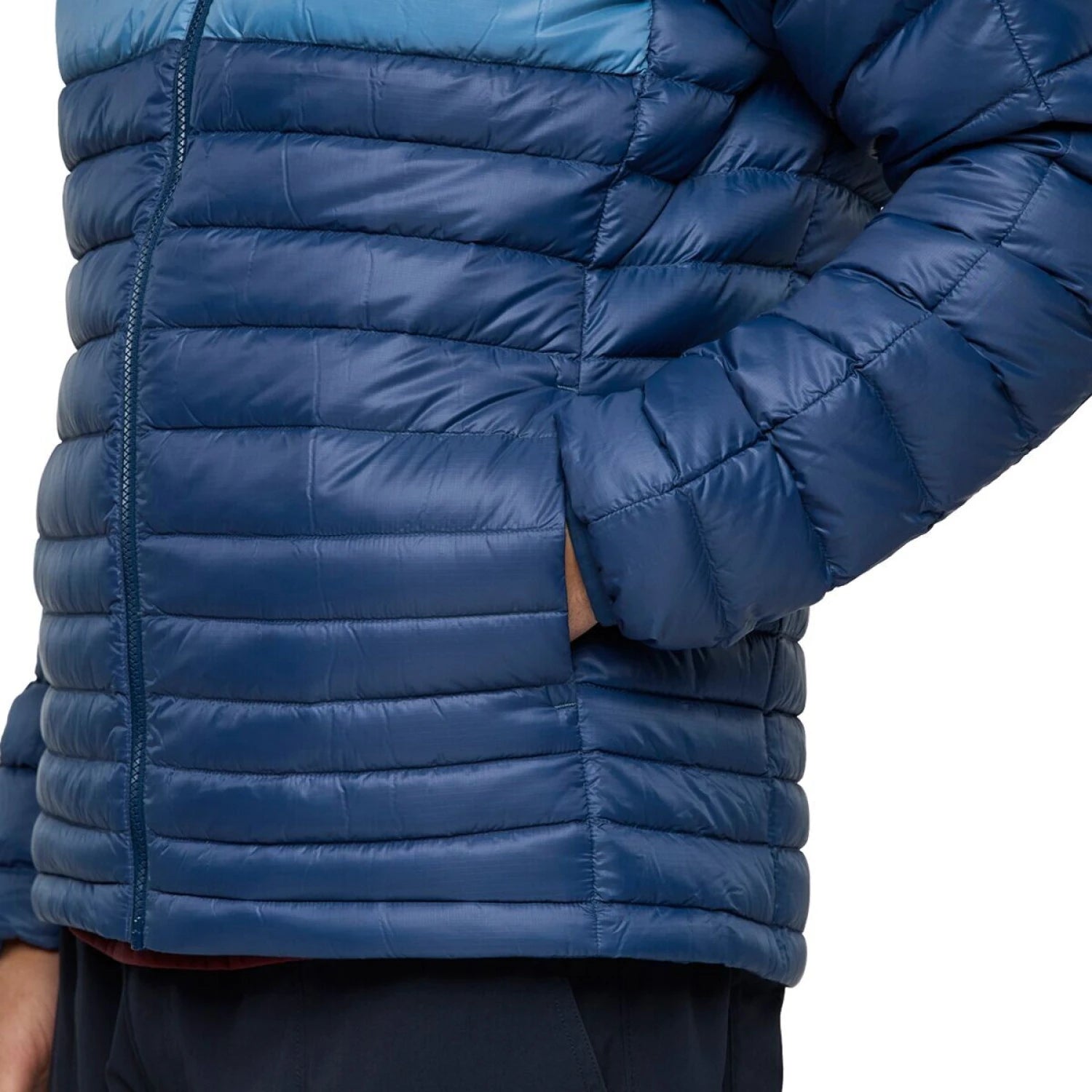 Cotopaxi Men's Fuego Hooded Down Jacket in deep sea stripes, on model front pocket