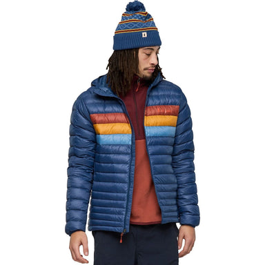 Cotopaxi Men's Fuego Hooded Down Jacket in deep sea stripes, on model front view