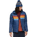 Cotopaxi Men's Fuego Hooded Down Jacket in deep sea stripes, on model front view