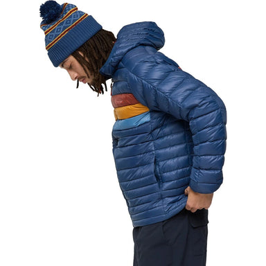 Cotopaxi Men's Fuego Hooded Down Jacket in deep sea stripes, on model side view