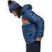 Cotopaxi Men's Fuego Hooded Down Jacket in deep sea stripes, on model side view