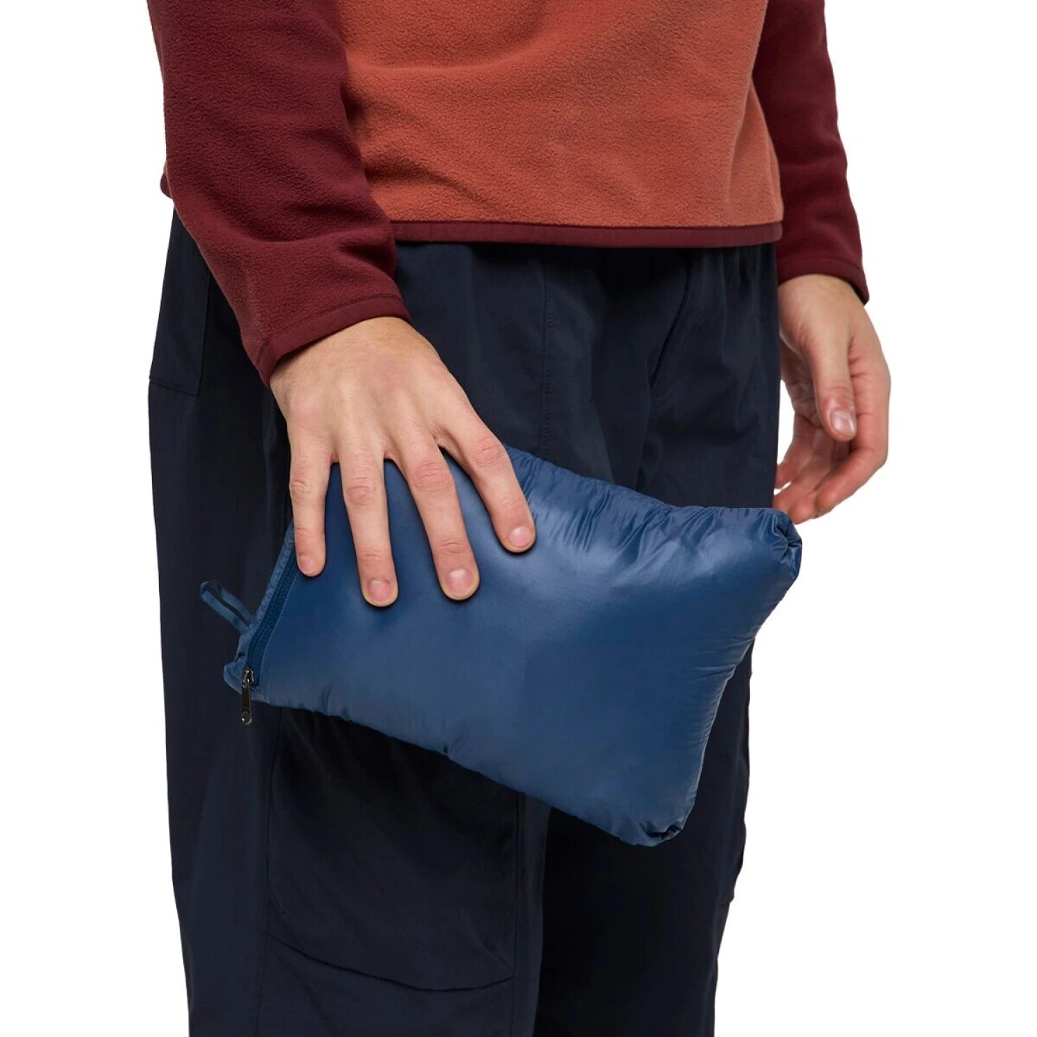 Cotopaxi Men's Fuego Hooded Down Jacket in deep sea stripes,packed into pocket