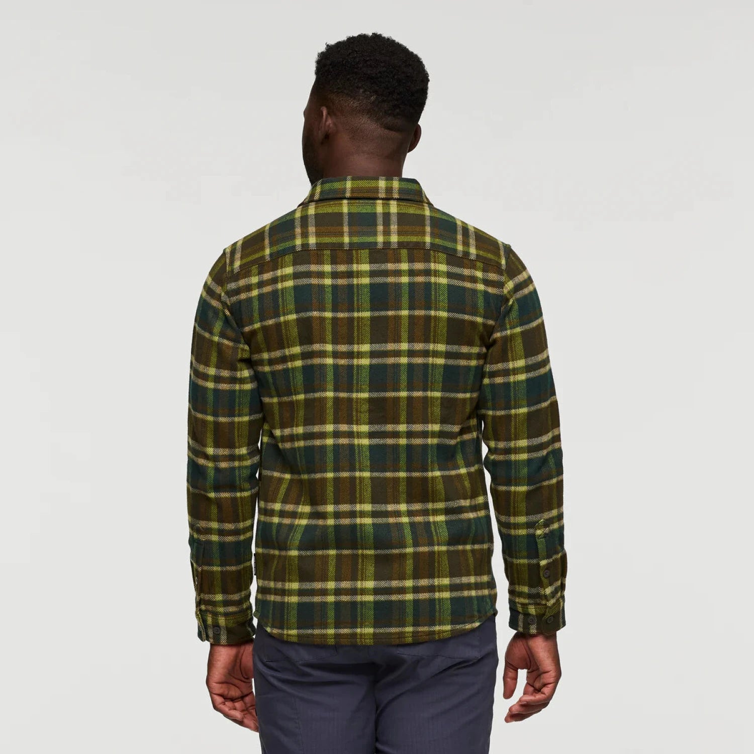 Cotopaxi Men's Mero Organic Flannel Shirt shown in the Woods Plaid color option. Back view.