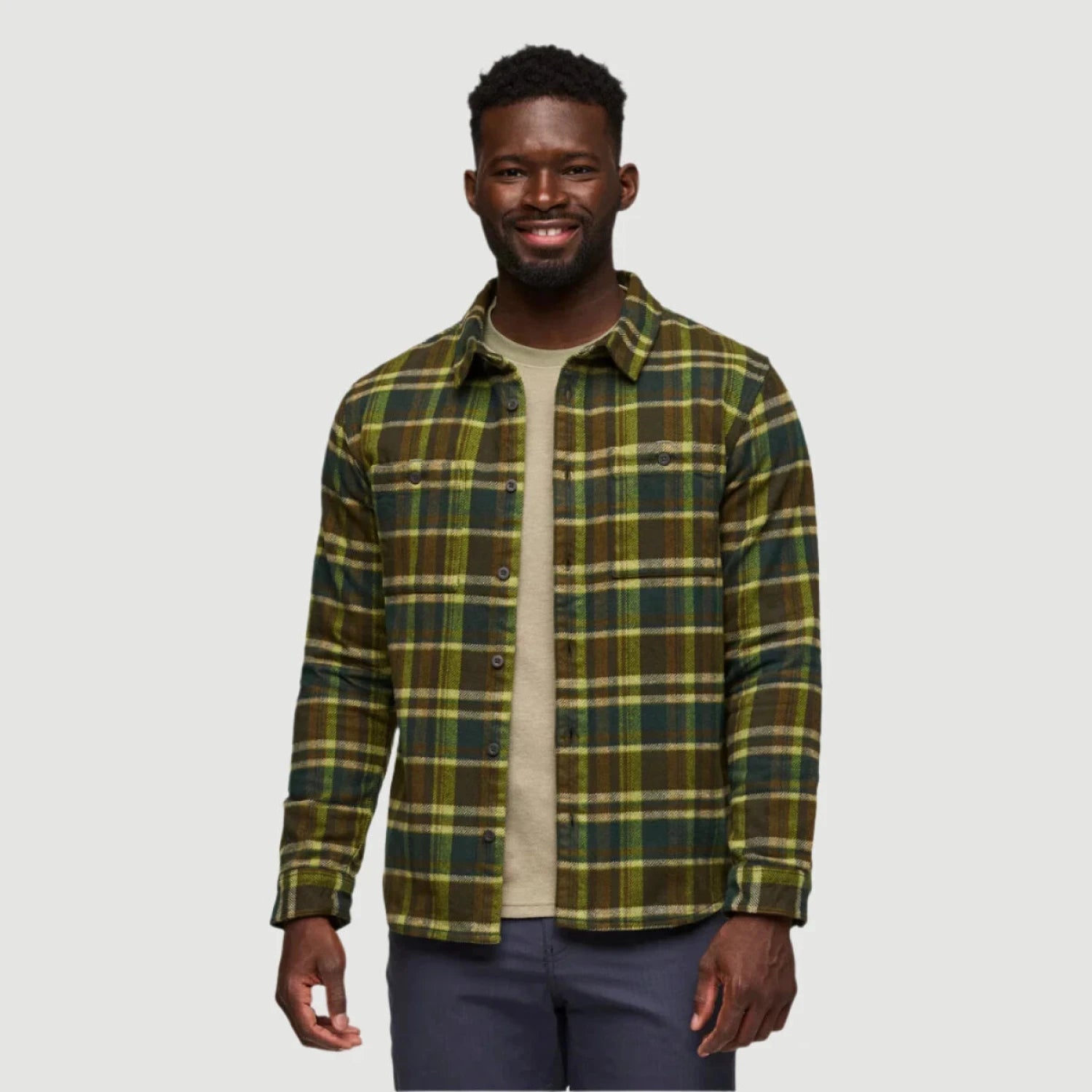 Cotopaxi Men's Mero Organic Flannel Shirt shown in the Woods Plaid color option.