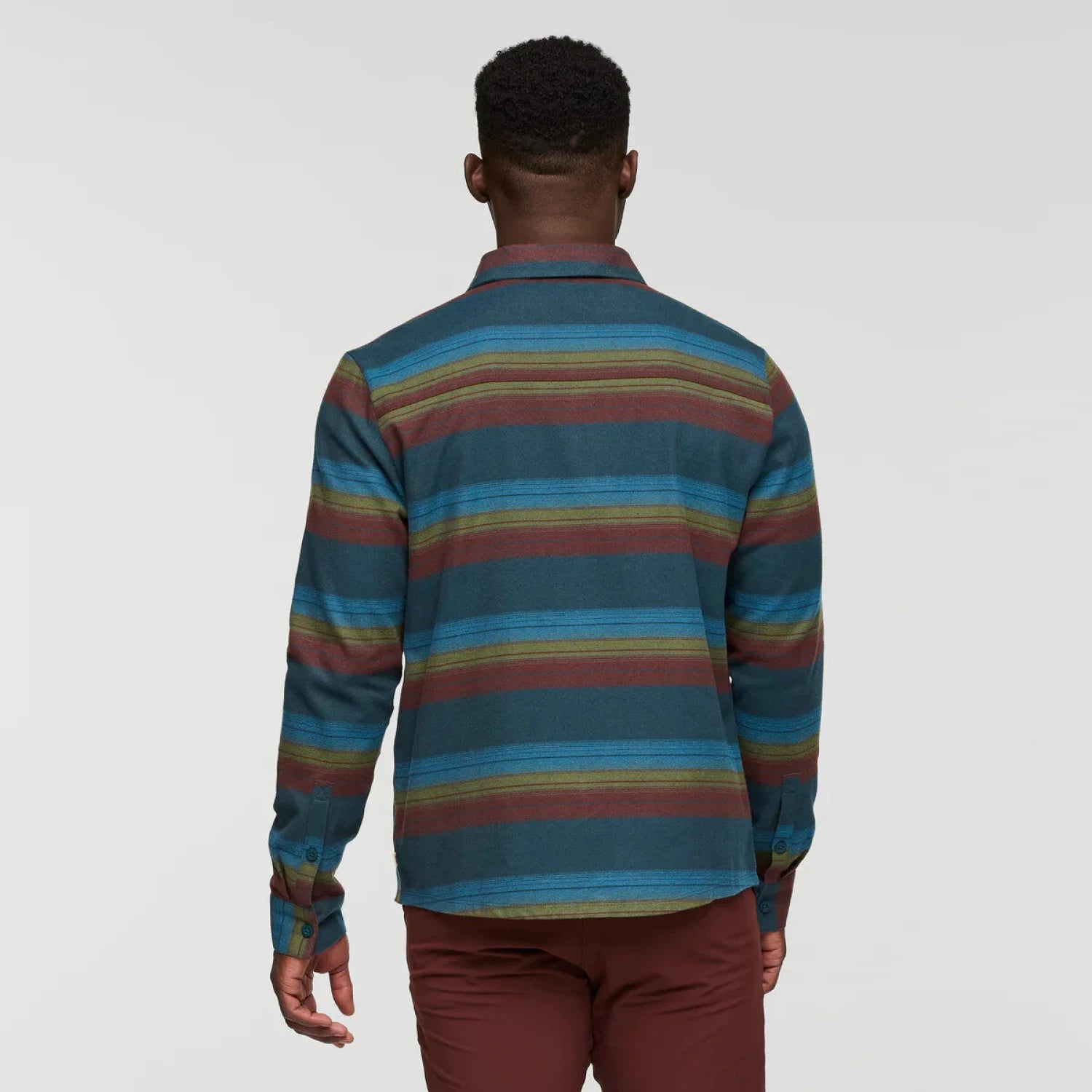 Cotopaxi Men's Quedo Flannel Shirt shown in the Abyss Stripes color option, back view. 