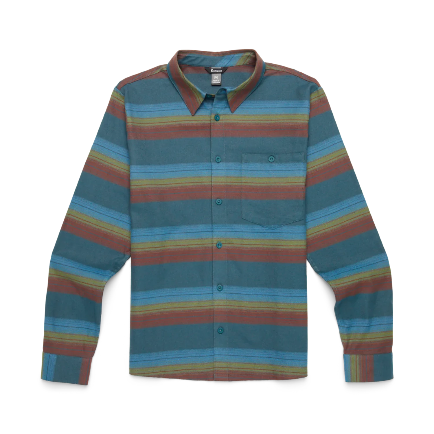 Cotopaxi Men's Quedo Flannel Shirt shown in the Abyss Stripes color option, front view.