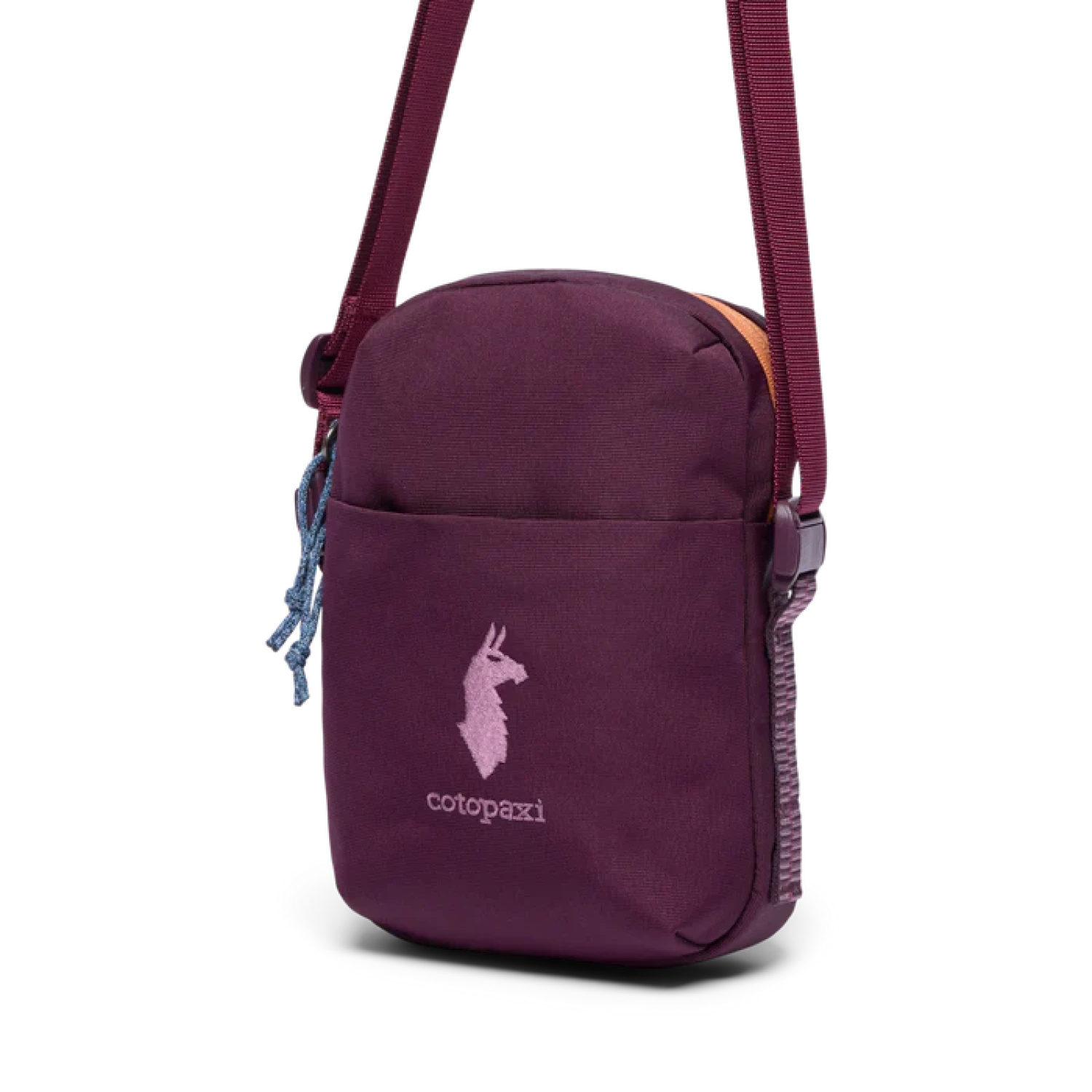 Purple crossbody bag with a brand logo on a white background