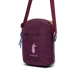 Purple crossbody bag with a brand logo on a white background