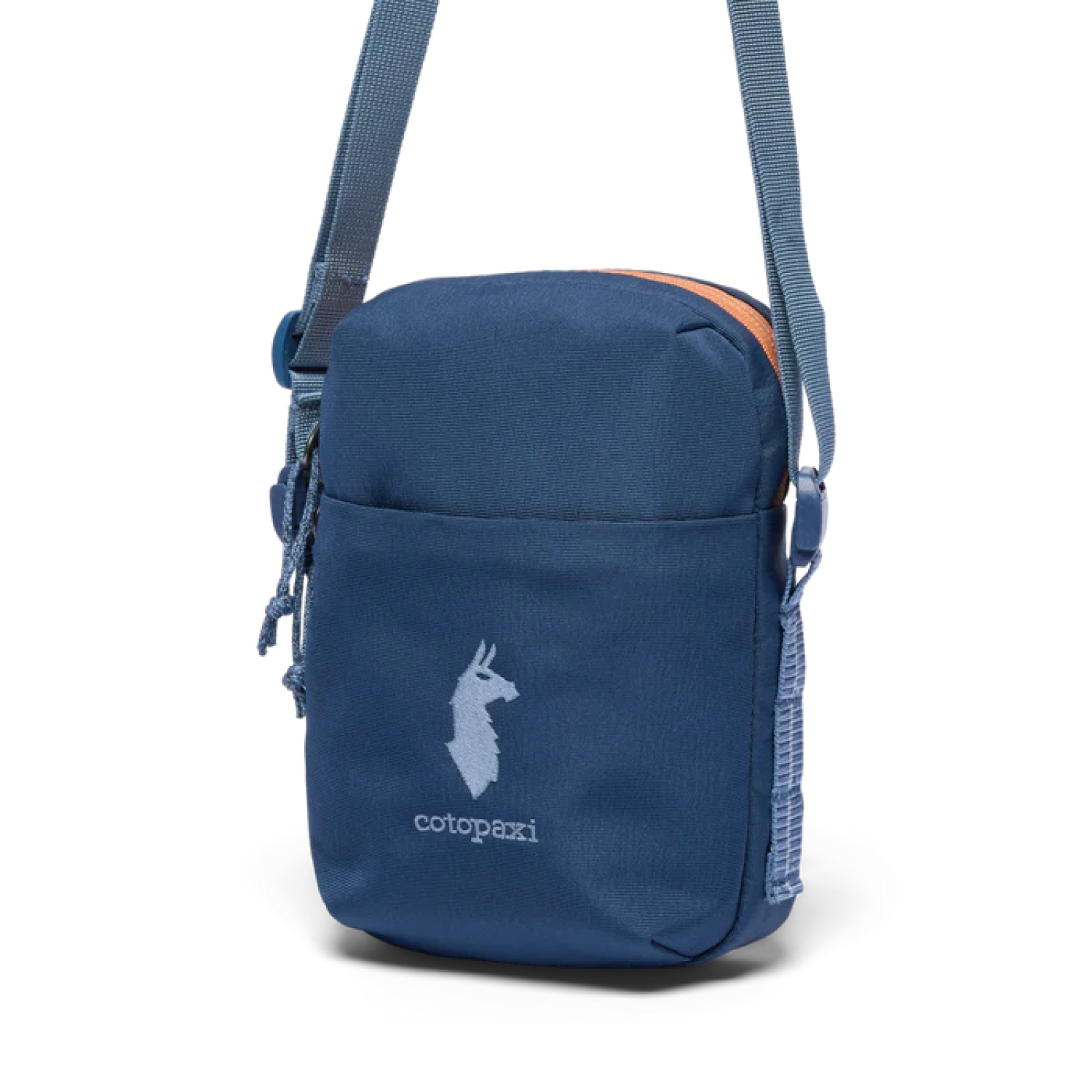 Blue crossbody bag with a visible brand logo on a white background