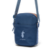 Blue crossbody bag with a visible brand logo on a white background