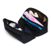 Black toiletry bag with various items on a white background