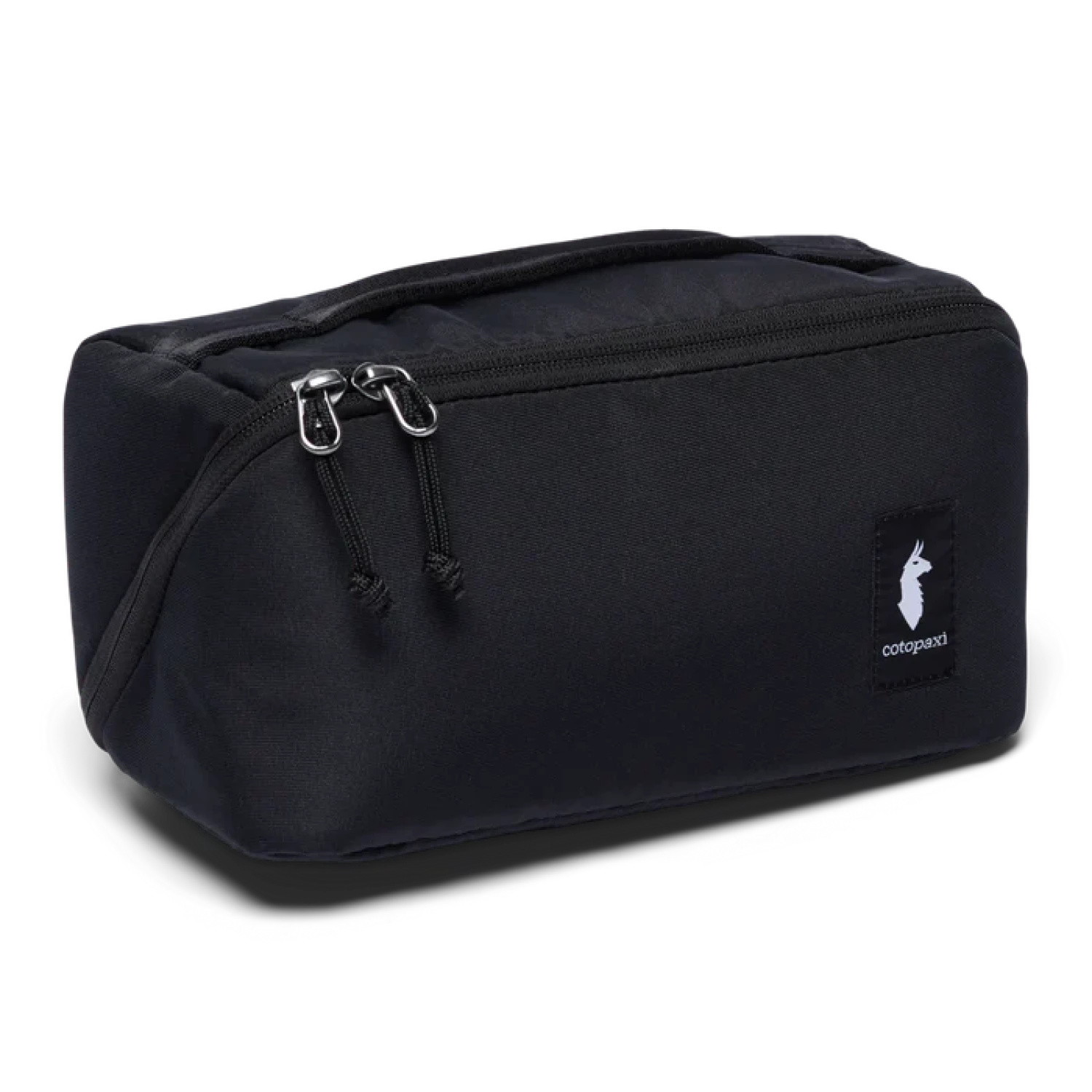 Black toiletry bag with a visible brand logo on a white background