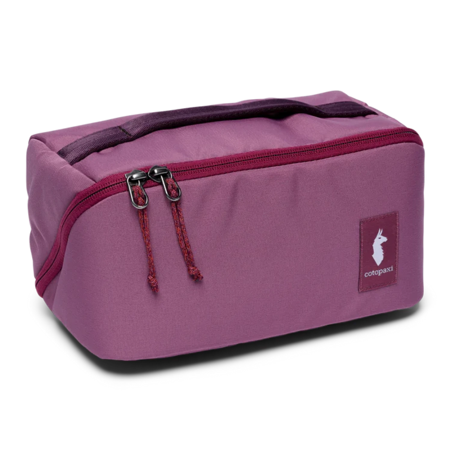 Purple toiletry bag with a visible brand logo on a white background