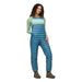 Cotopaxi W's Fuego Down Overall, Blue Spruce Stripe, front view on model