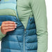 Cotopaxi W's Fuego Down Overall, Blue Spruce Stripe, view of top side zipper on model