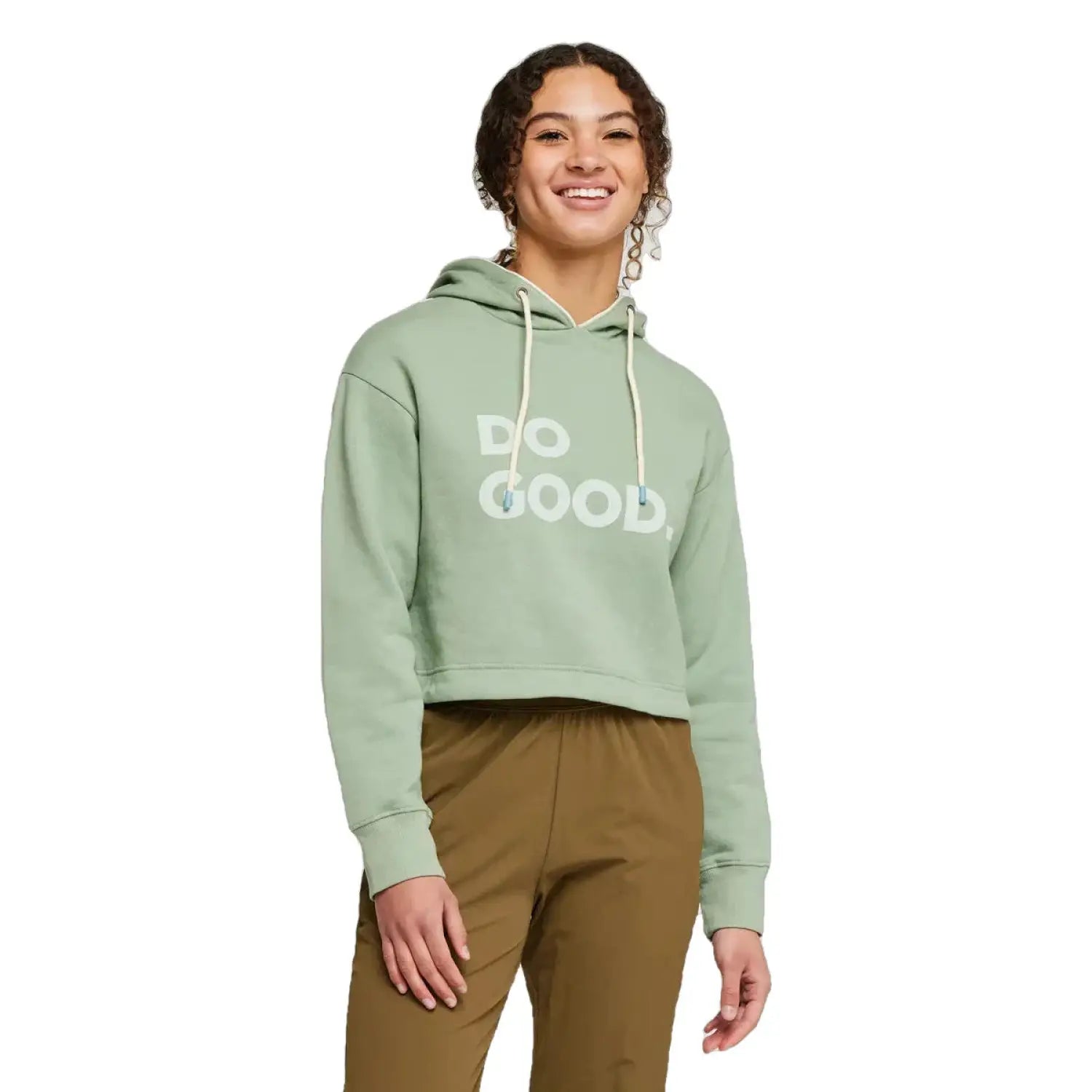 Cotopaxi W's Do Good Crop Sweatshirt, Silver Leaf, front view on model 
