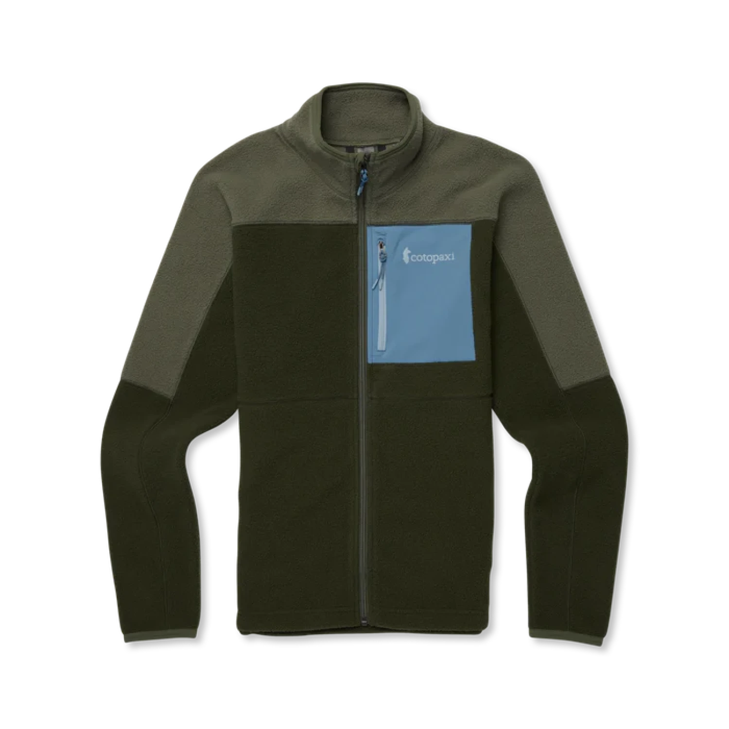 Green and tan fleece jacket with a blue pocket on a white background