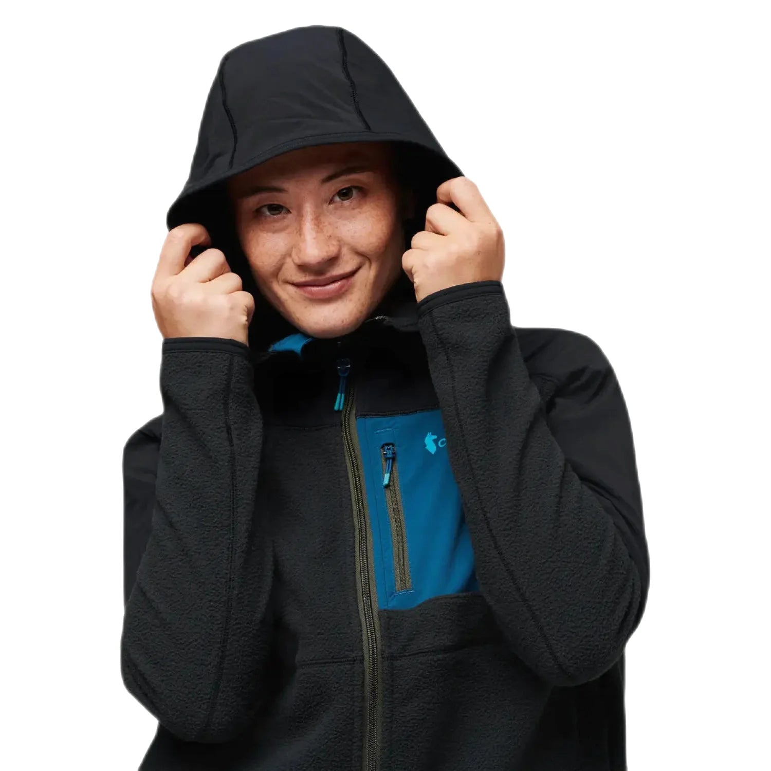 Cotopaxi Women's Abrazo Hooded Full Zip Jacket Black Model Front Hood