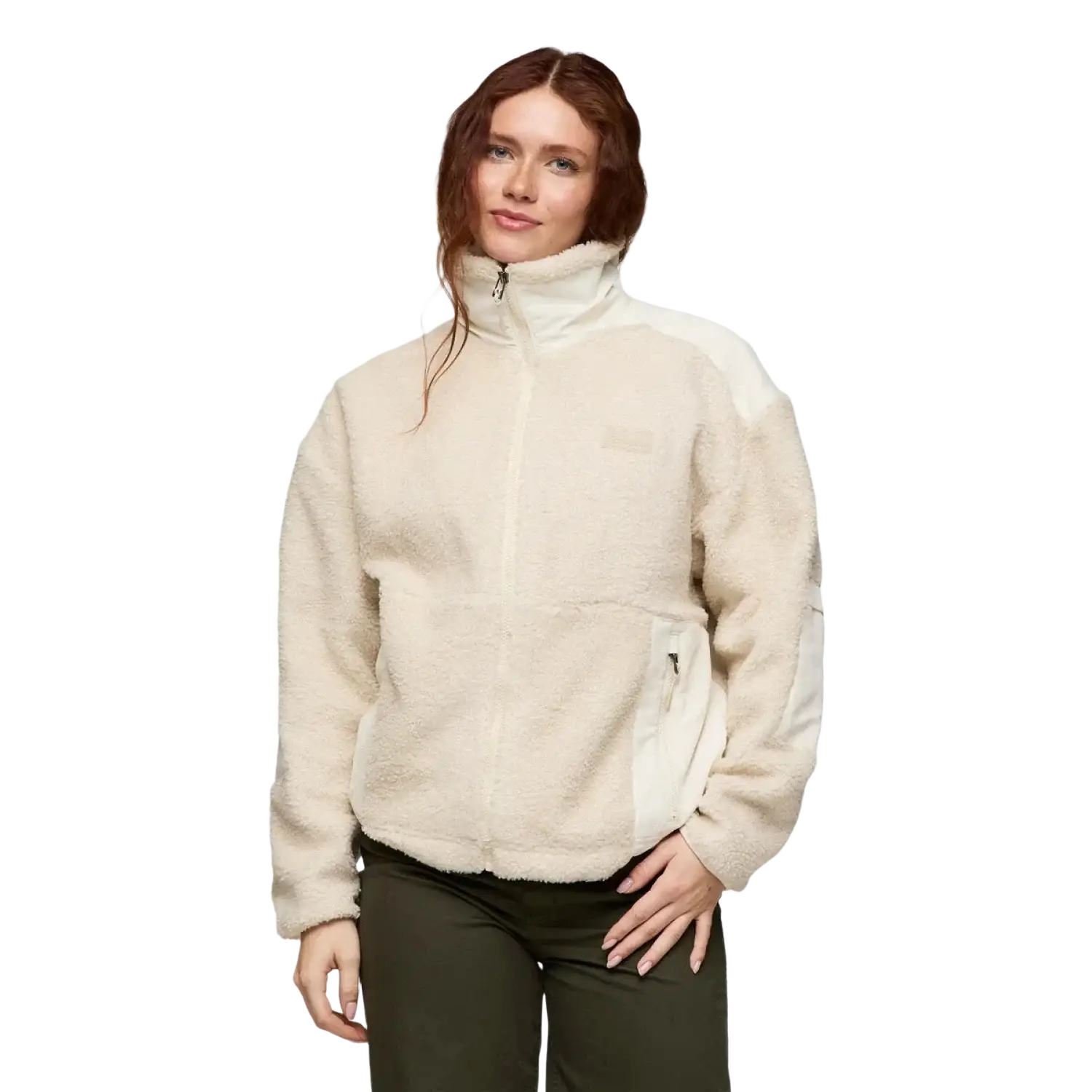 Cotopaxi Women's Bacano Fleece Jacket in cream & bone, on model front view